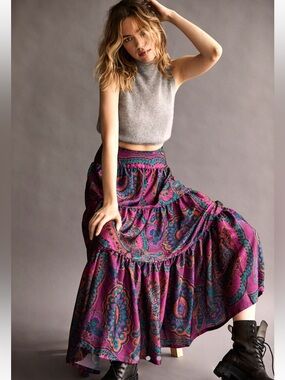 Free People Plum Paisley Moonbeam Maxi Skirt Boho Tiered High Rise XS